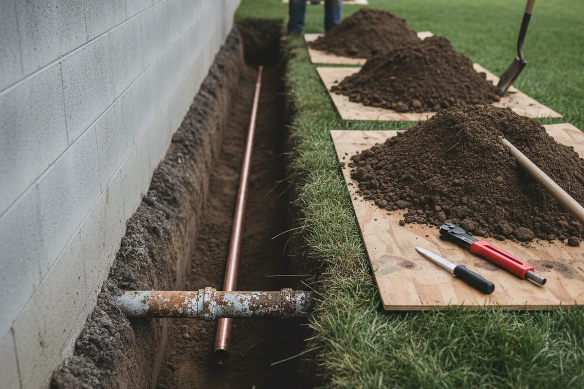 Excavated water line trench during Water Heater Repair in Tracy